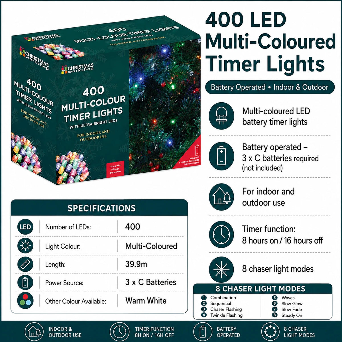 400 LED multi coloured battery timer Christmas lights specifications
