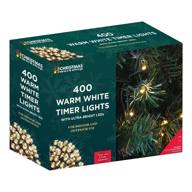 400 LED warm white battery timer Christmas lights box
