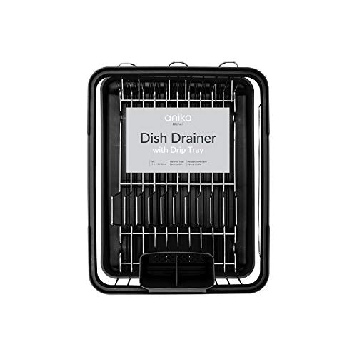Anika 69049 Kitchen Dish Drainer Rack/Separate Cutlery Holder/Removable Drip Tray/Black Colour / 41 x 32 x 9.5cm
