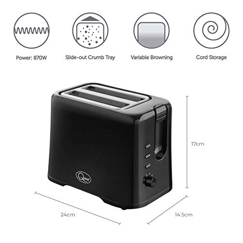Quest black 870W 2-slice toaster with adjustable browning