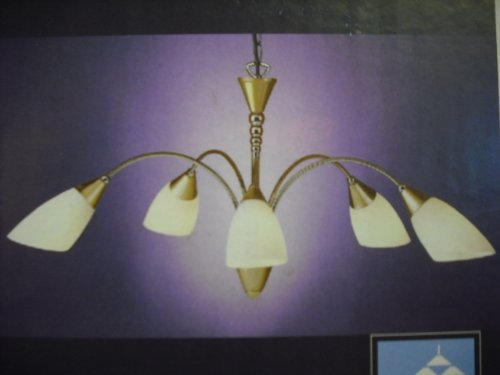 Five-light polished brass curved arm chandelier