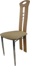 Beech wood dining chair with padded fabric seat and chrome legs