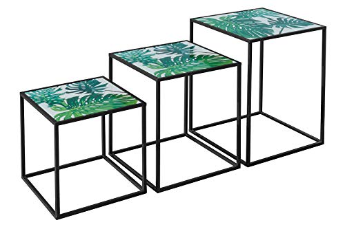 Tropical leaf nest of 3 tables with black metal legs