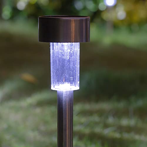 GardenKraft outdoor solar stake lights in brushed steel finish