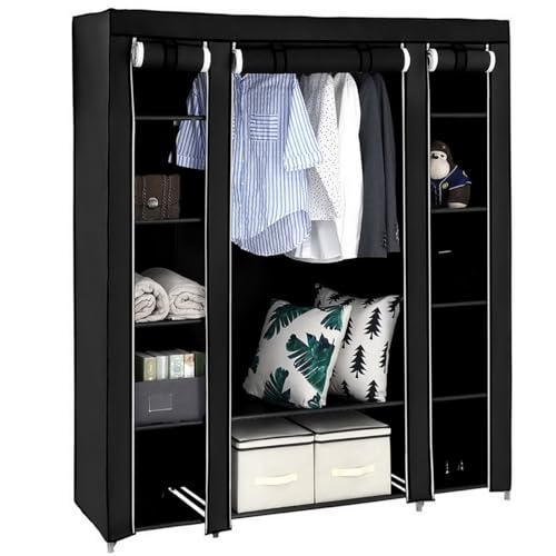 Generic Fabric Canvas Wardrobe Organizers Clothes Rail Shelves Storage Closet Triple (Black), 63-64-65-66A