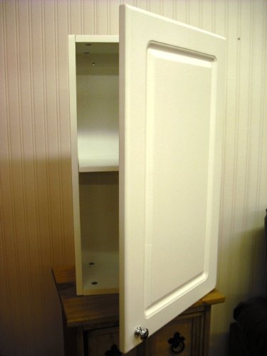 White bathroom storage cabinet with chrome-effect handle