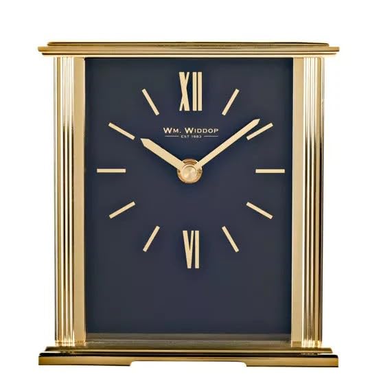 William Widdop gold mantel clock with navy blue dial