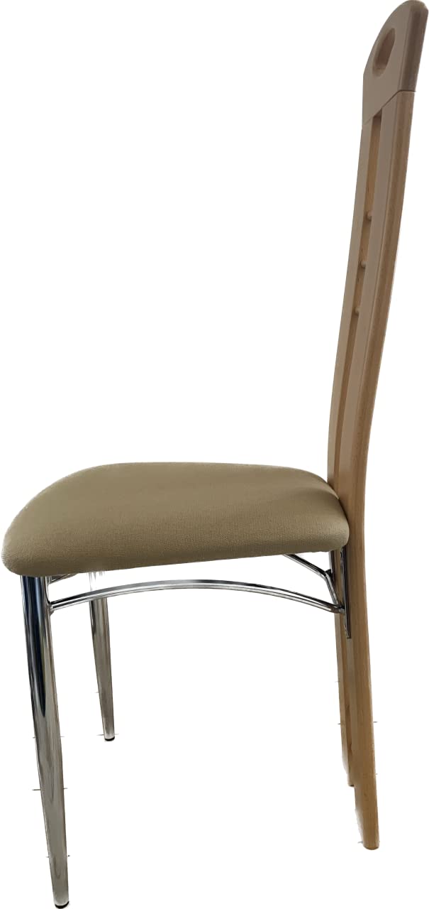 Beech wood dining chair with padded fabric seat and chrome legs