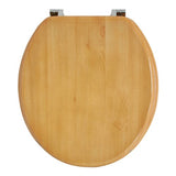 Pine-effect toilet seat with chrome hinges