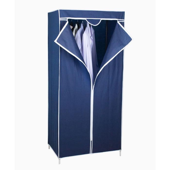 Blue fabric canvas wardrobe with clothes rail and shelf