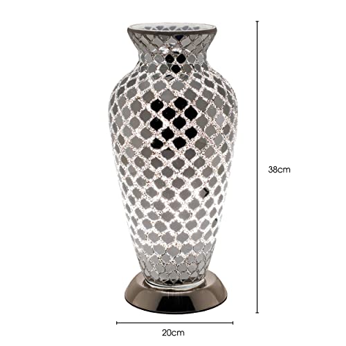 EXCLUSIVE Tile Mirror Glass Crackle Table Light Mosaic Vase Lamp with Chrome Base for Bedroom Kitchen and Lounge, Metal, Silver