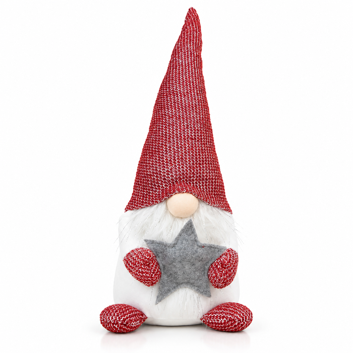 45cm red and white seated Christmas gonk holding a grey star