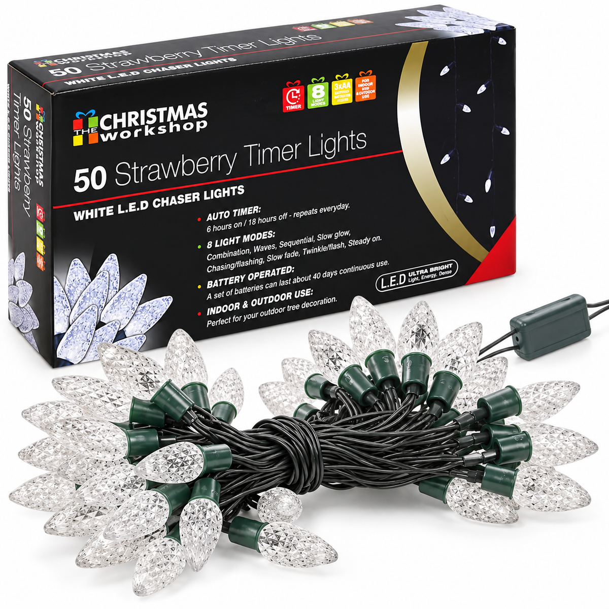 50 LED white strawberry Christmas lights with timer and retail box