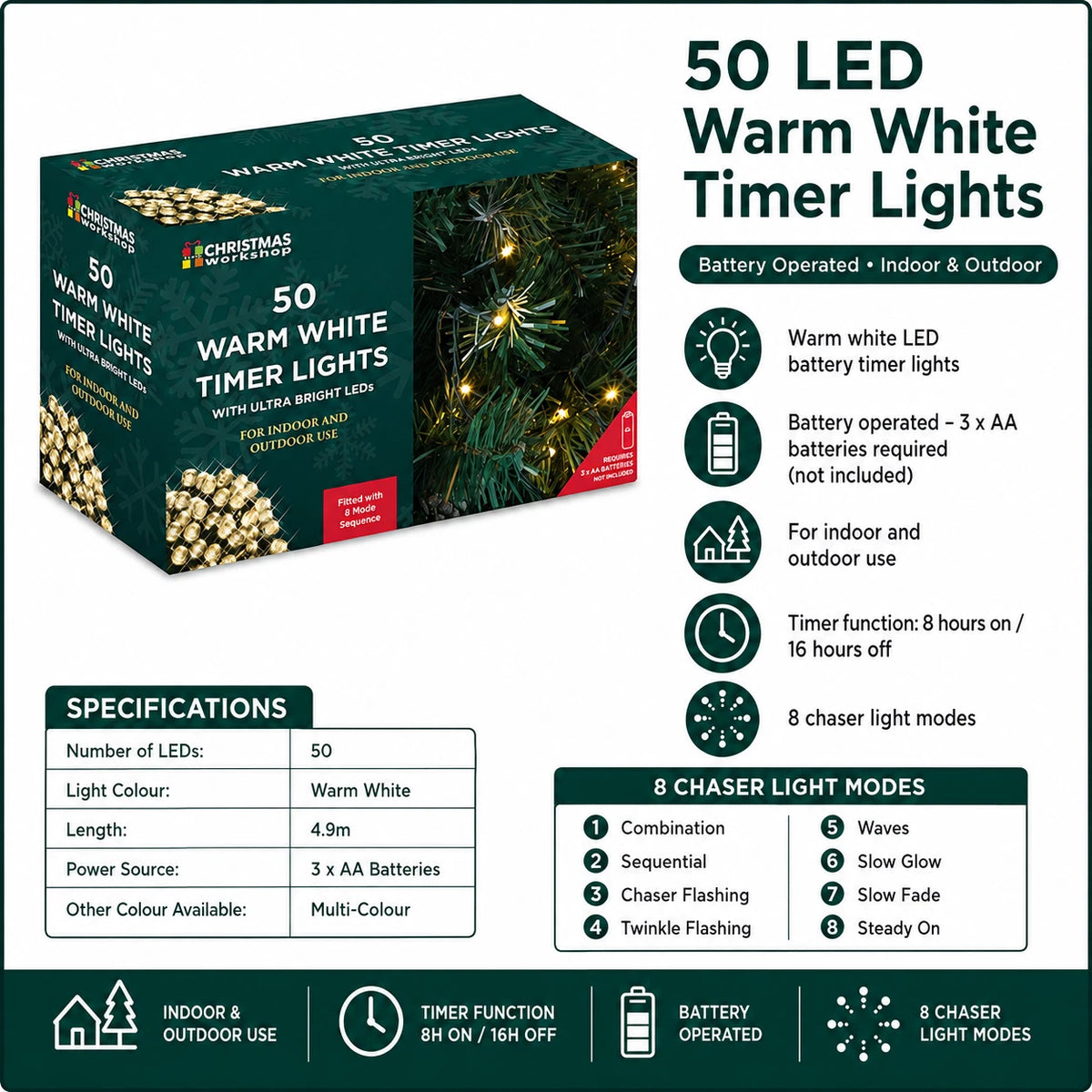 50 LED warm white battery timer Christmas lights specifications