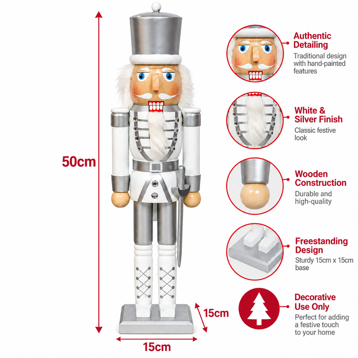 50cm white and silver wooden nutcracker soldier angled view