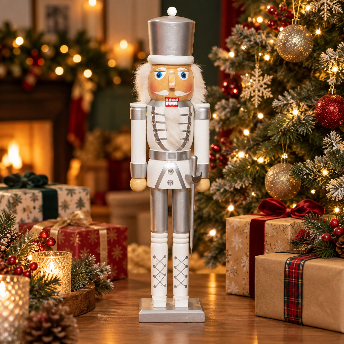 50cm white and silver nutcracker soldier with Christmas gifts and tree