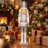 50cm white and silver nutcracker soldier with Christmas gifts and tree