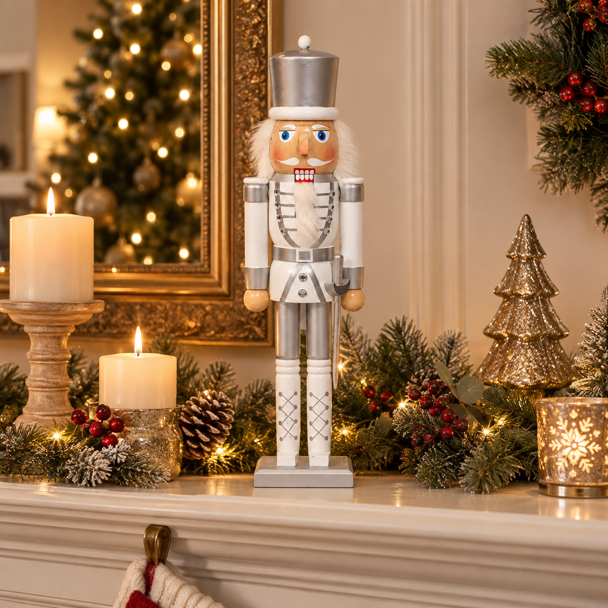 50cm white and silver nutcracker soldier in a festive mantel display