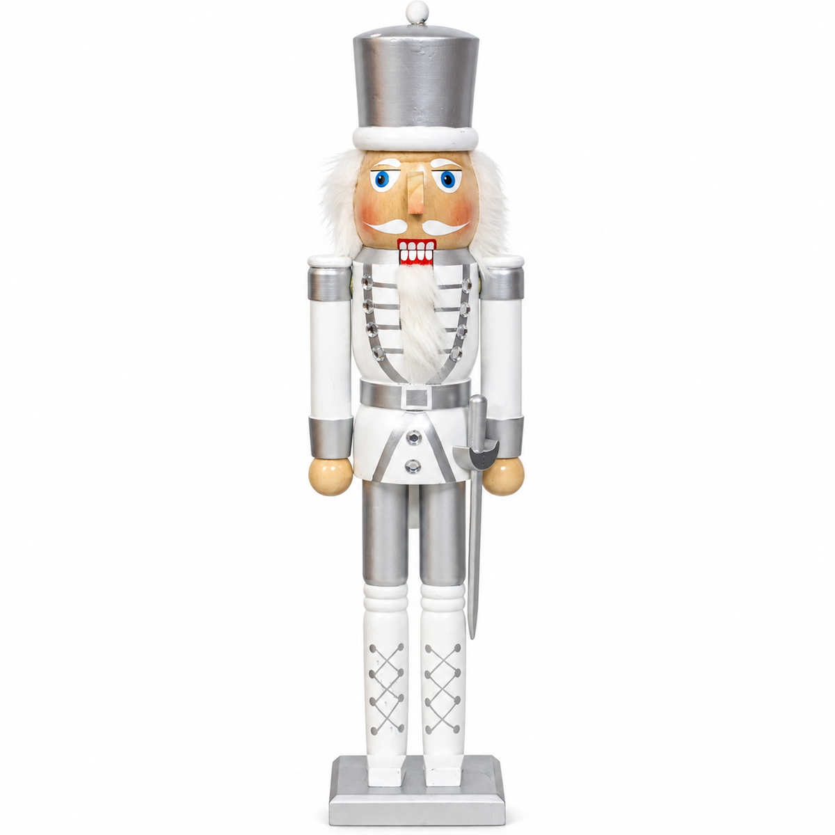 50cm white and silver wooden nutcracker soldier front view