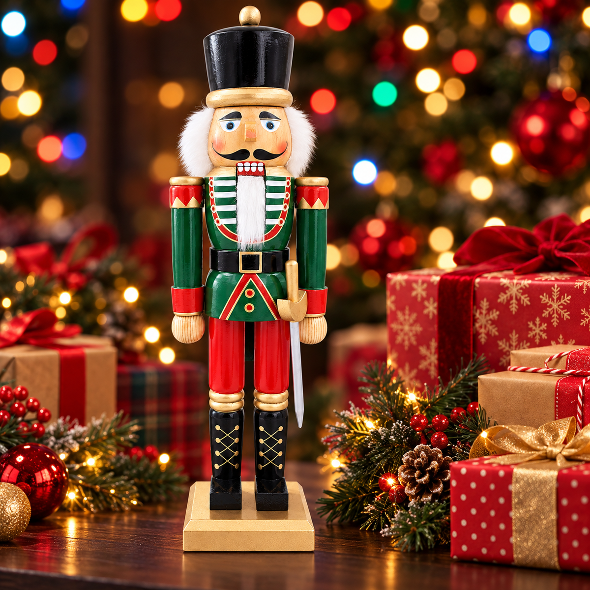 50cm wooden nutcracker soldier in a festive Christmas tree display
