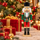 50cm wooden nutcracker soldier displayed with Christmas gifts and tree