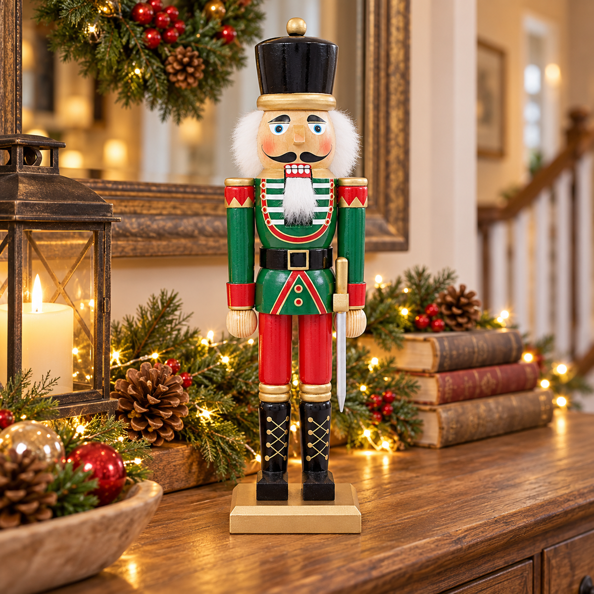 50cm wooden nutcracker soldier with lantern and Christmas greenery