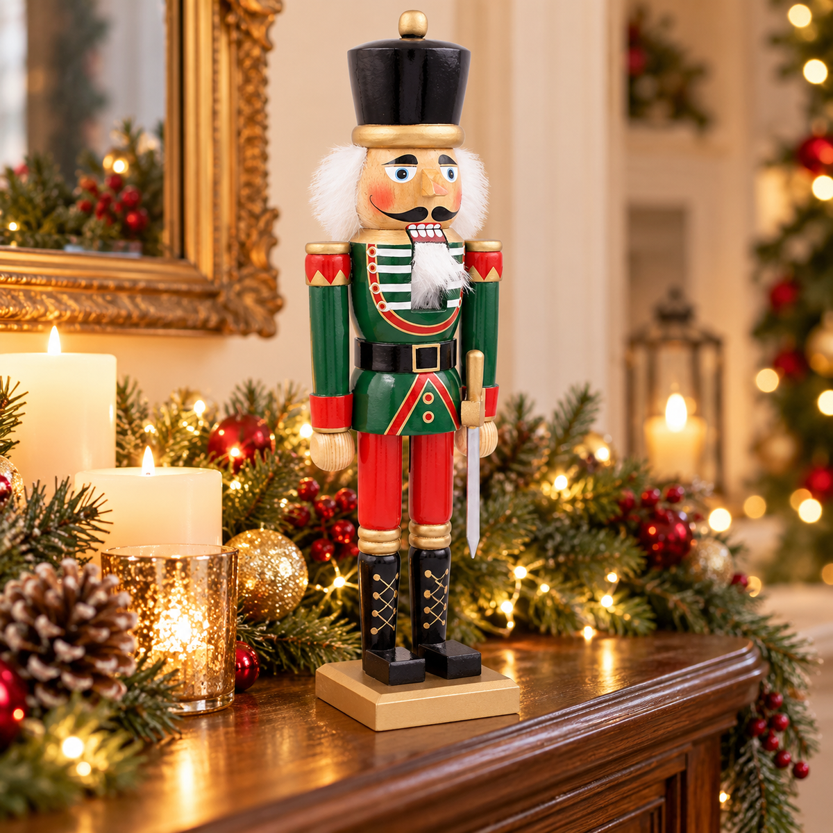 50cm wooden nutcracker soldier in a traditional Christmas mantel display