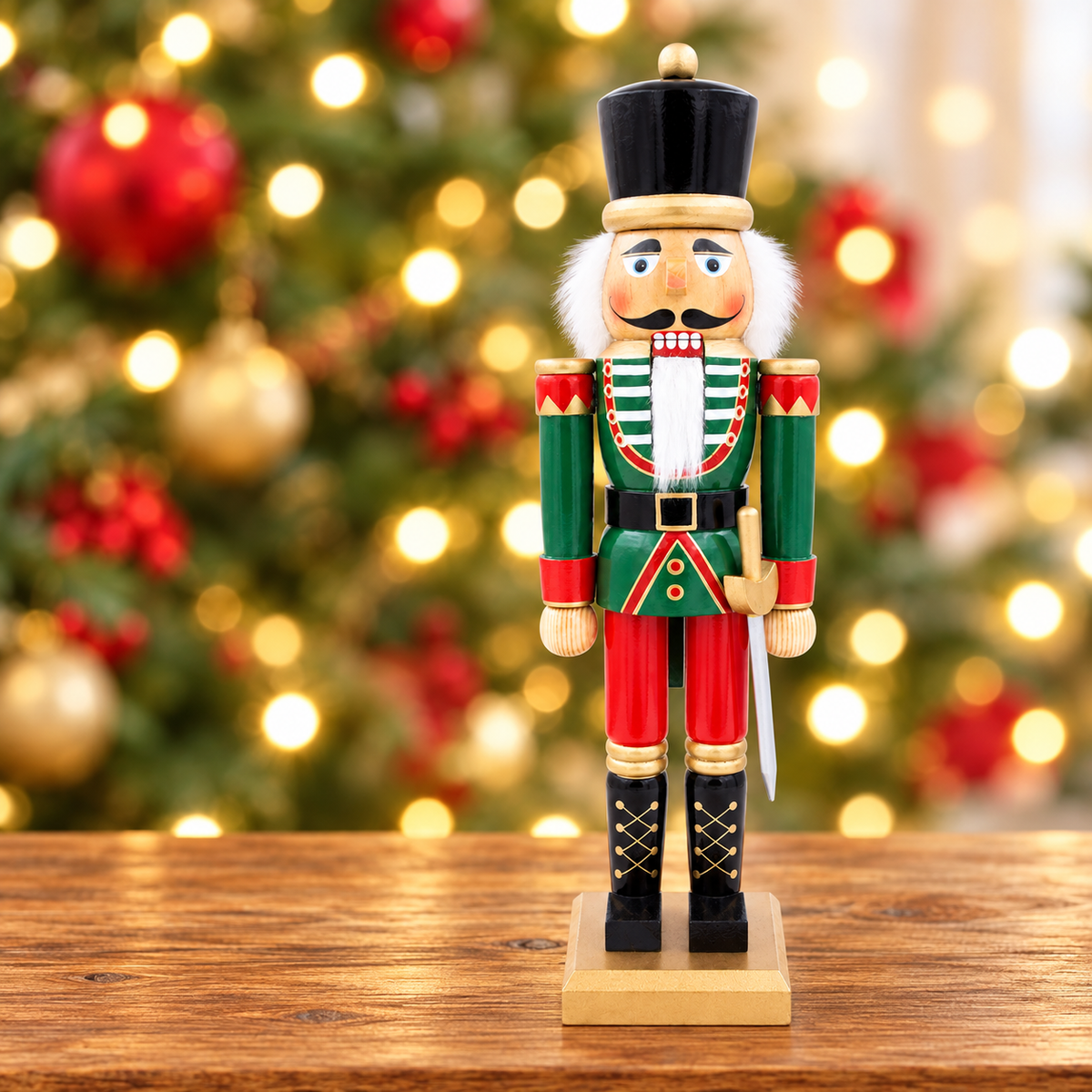 50cm wooden nutcracker soldier on a table with festive lights