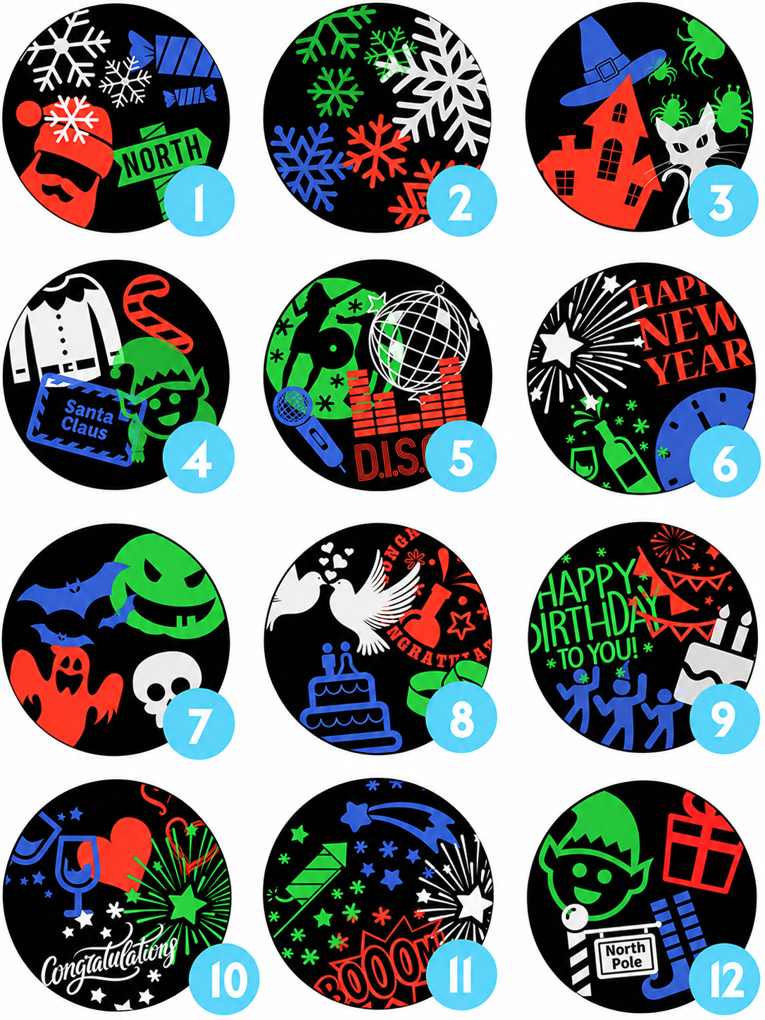 Twelve interchangeable LED projector slide designs for Christmas Halloween and celebrations