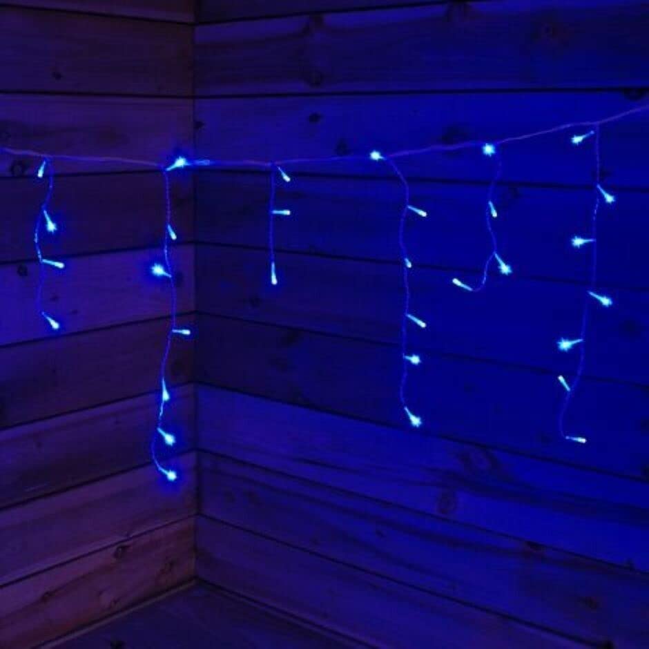 100 blue battery-operated icicle lights on clear cable, 2.4m