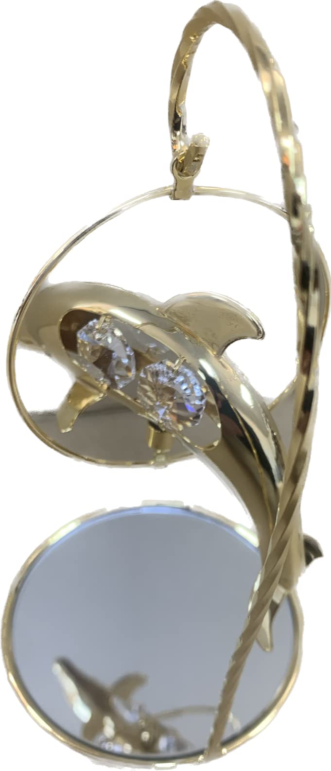 Gold-plated dolphin ornament with crystal detail and mirrored stand