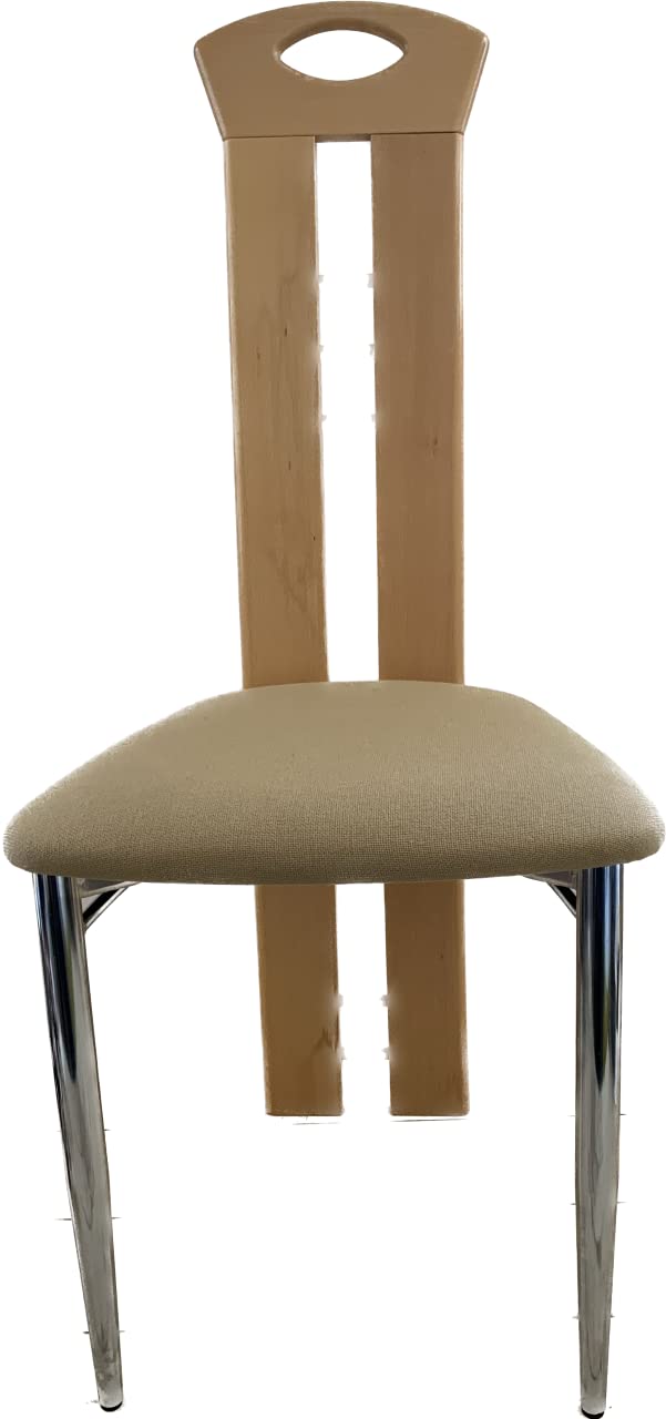 Beech wood dining chair with padded fabric seat and chrome legs
