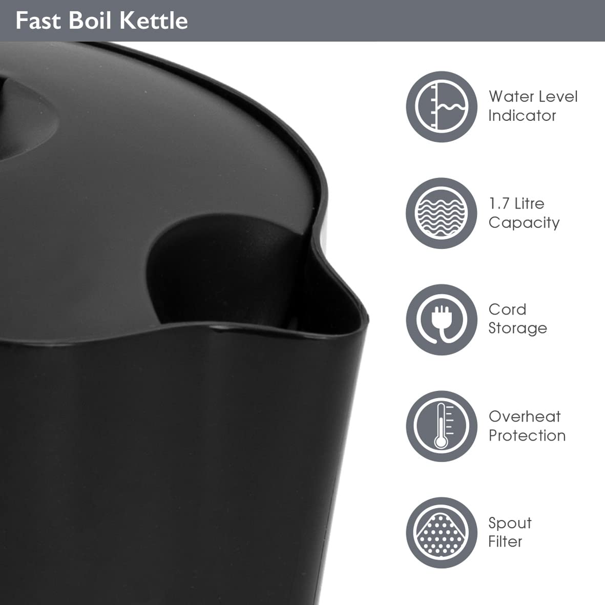 Quest 1.7L black cordless electric kettle