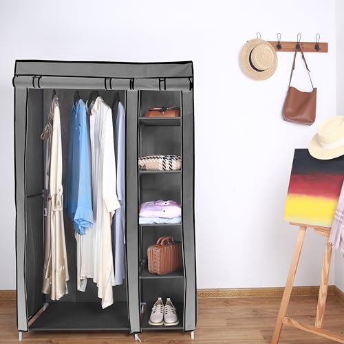 Amal grey tall double canvas wardrobe with rail and shelves – 172cm