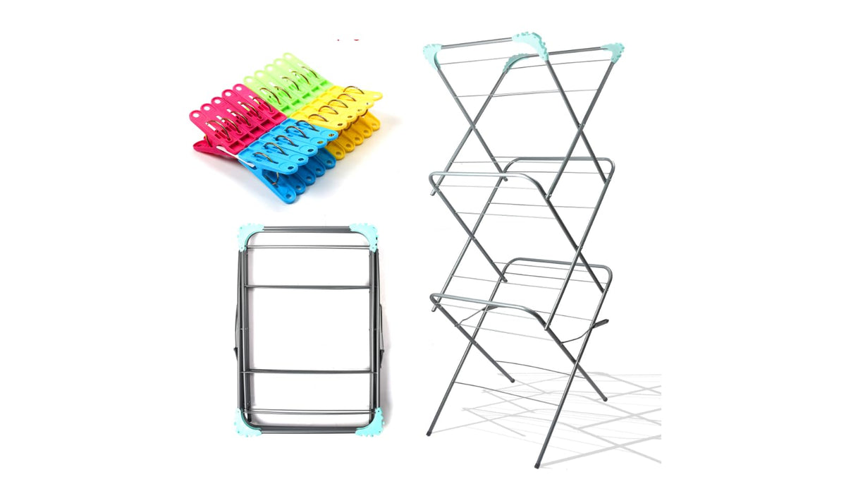 Laundry Mate three-tier foldable clothes airer with 20 pegs