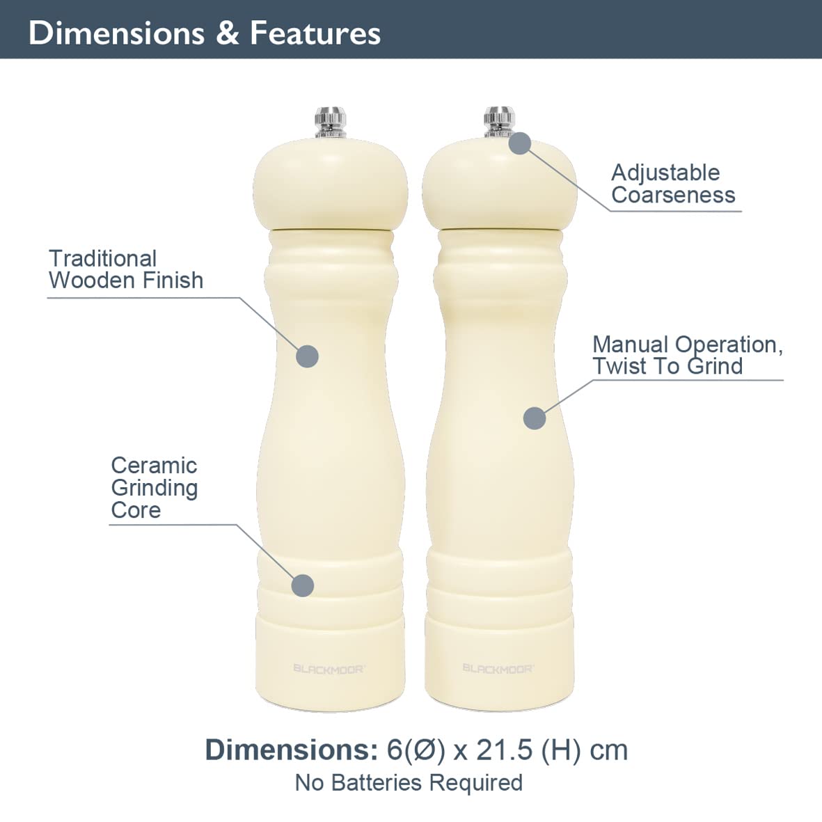 Blackmoor 68079 Manual Salt and Pepper Grinder Set/Classic Wooden Design with Ceramic Grinding Core/Adjustable Coarseness/Cream Colour