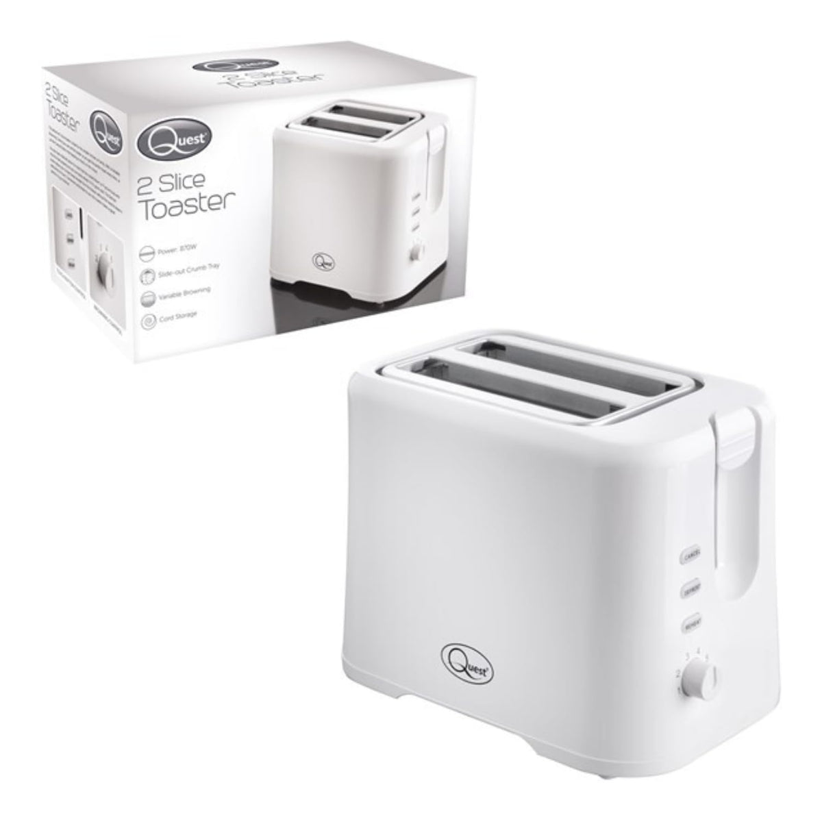 Quest white 870W 2-slice toaster with adjustable browning