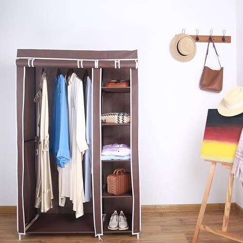 Amal brown tall double canvas wardrobe with rail and shelves – 172cm