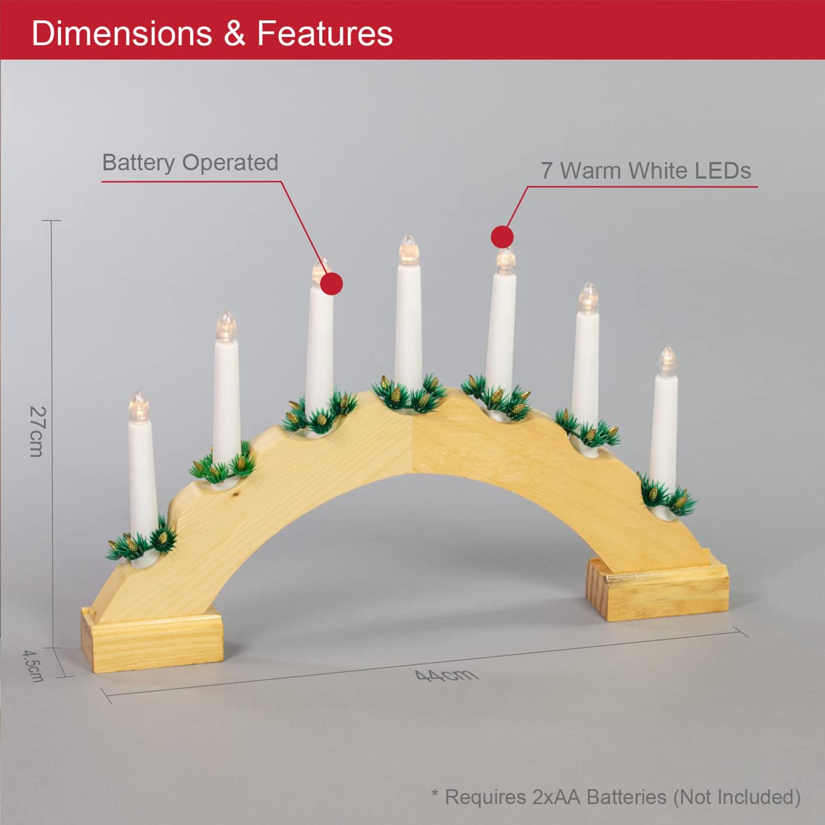 Wooden arched Christmas candle bridge with 7 warm white LEDs