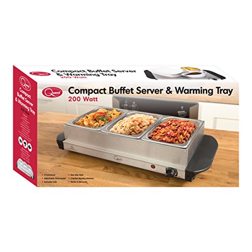 Silver Quest buffet server with three clear-lidded pans