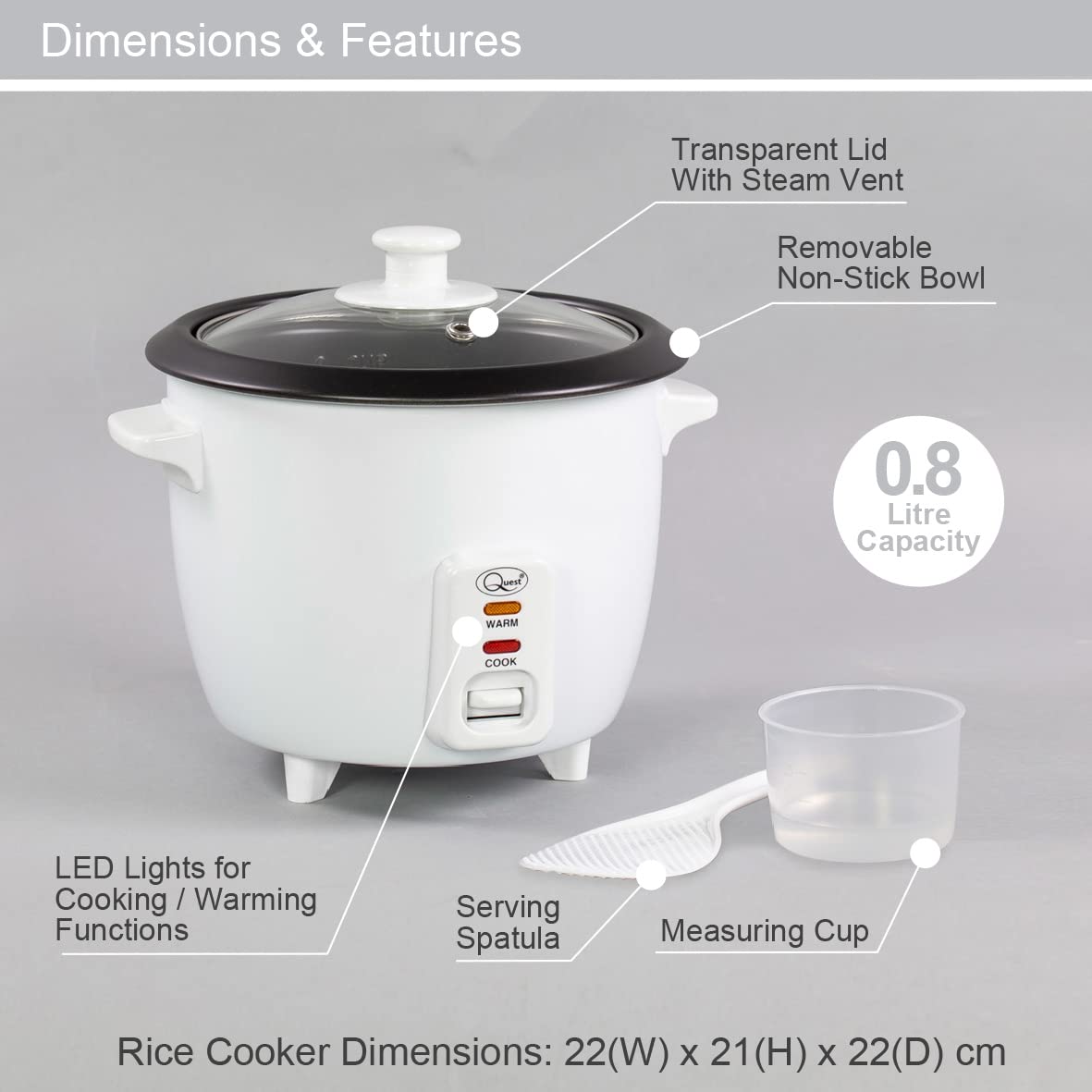 Quest 0.8L electric rice cooker and serving accessories