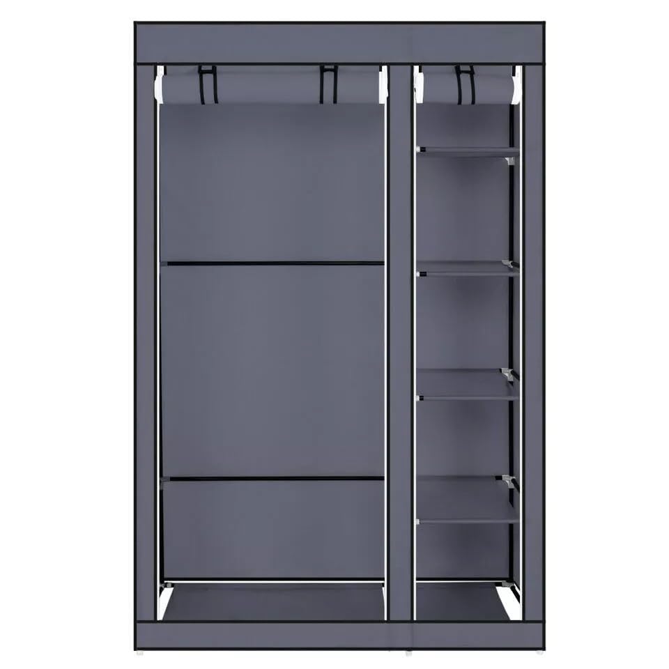 Generic Fabric Canvas Wardrobe Organizer Clothes Rail Shelves Storage Closet Double Tall (Grey), 59-60-61-62A