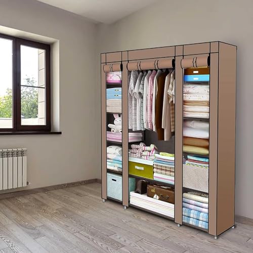 Generic Fabric Canvas Wardrobe Organizers Clothes Rail Shelves Storage Closet Triple (Brown), 63-64-65-66A