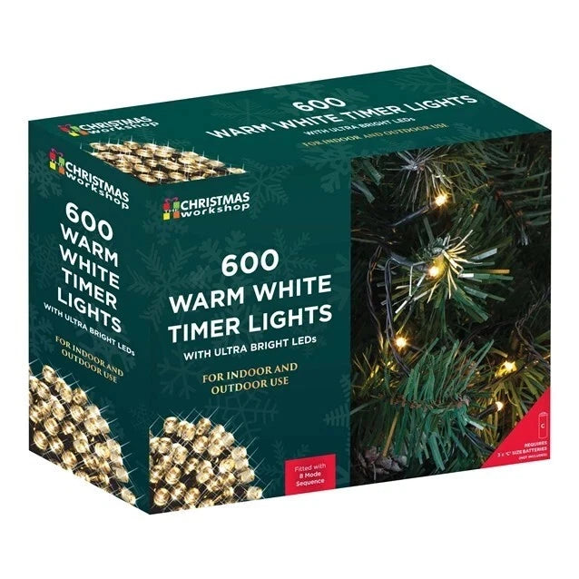 600 LED warm white battery timer Christmas lights box