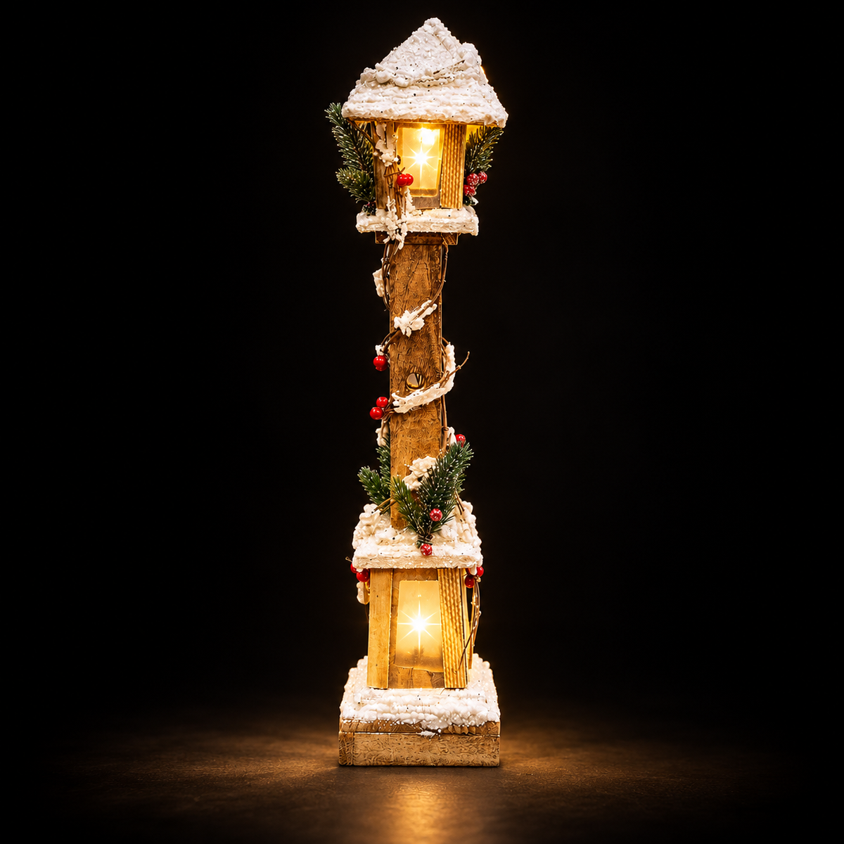 60cm snowy wooden Christmas lamppost illuminated with warm white LEDs against a dark background