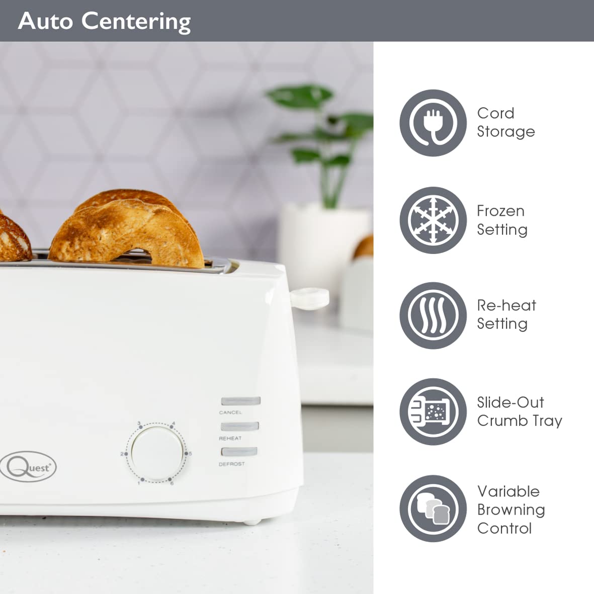 Quest 1400W white 4-slice toaster with extra-wide slots