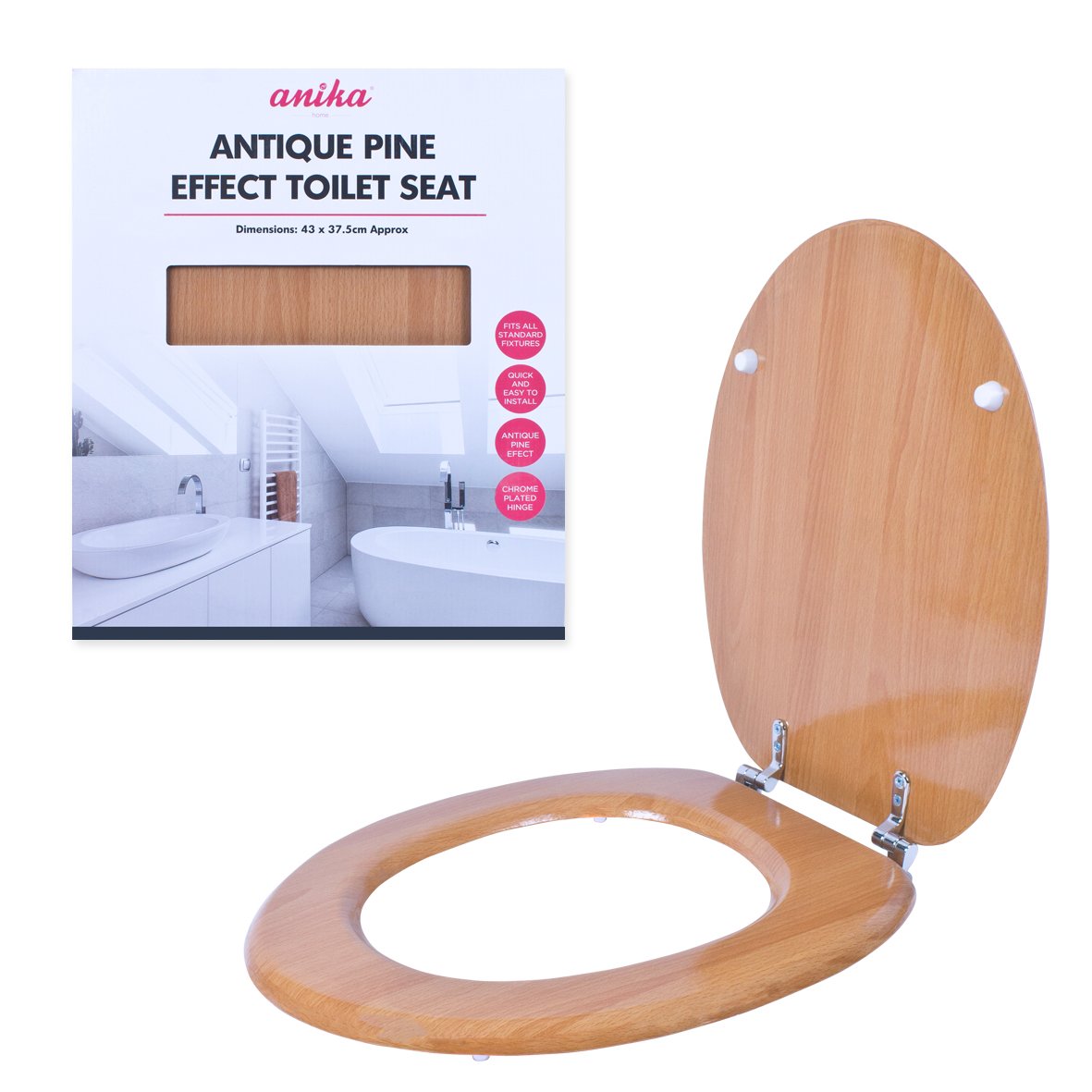 Antique pine-effect toilet seat with chrome hinges