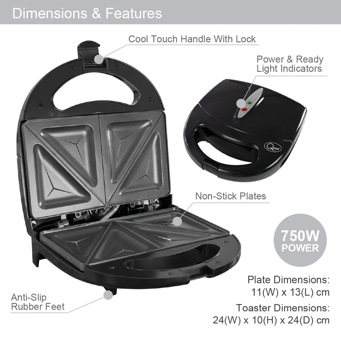 Quest black 750W 2-slice sandwich toastie maker