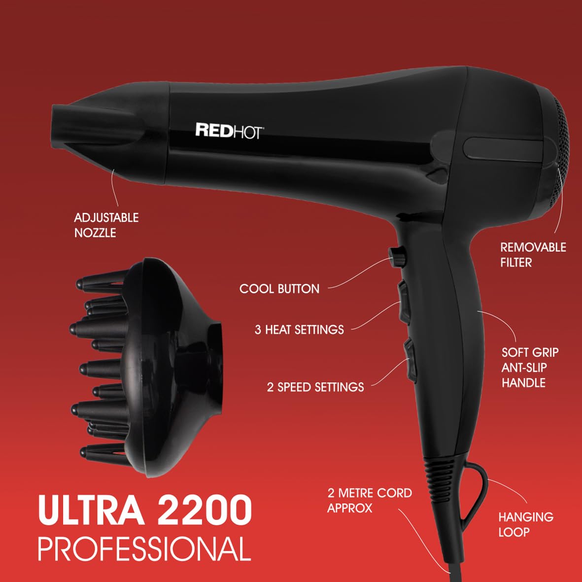 Red Hot black 2200W hair dryer with diffuser and concentrator
