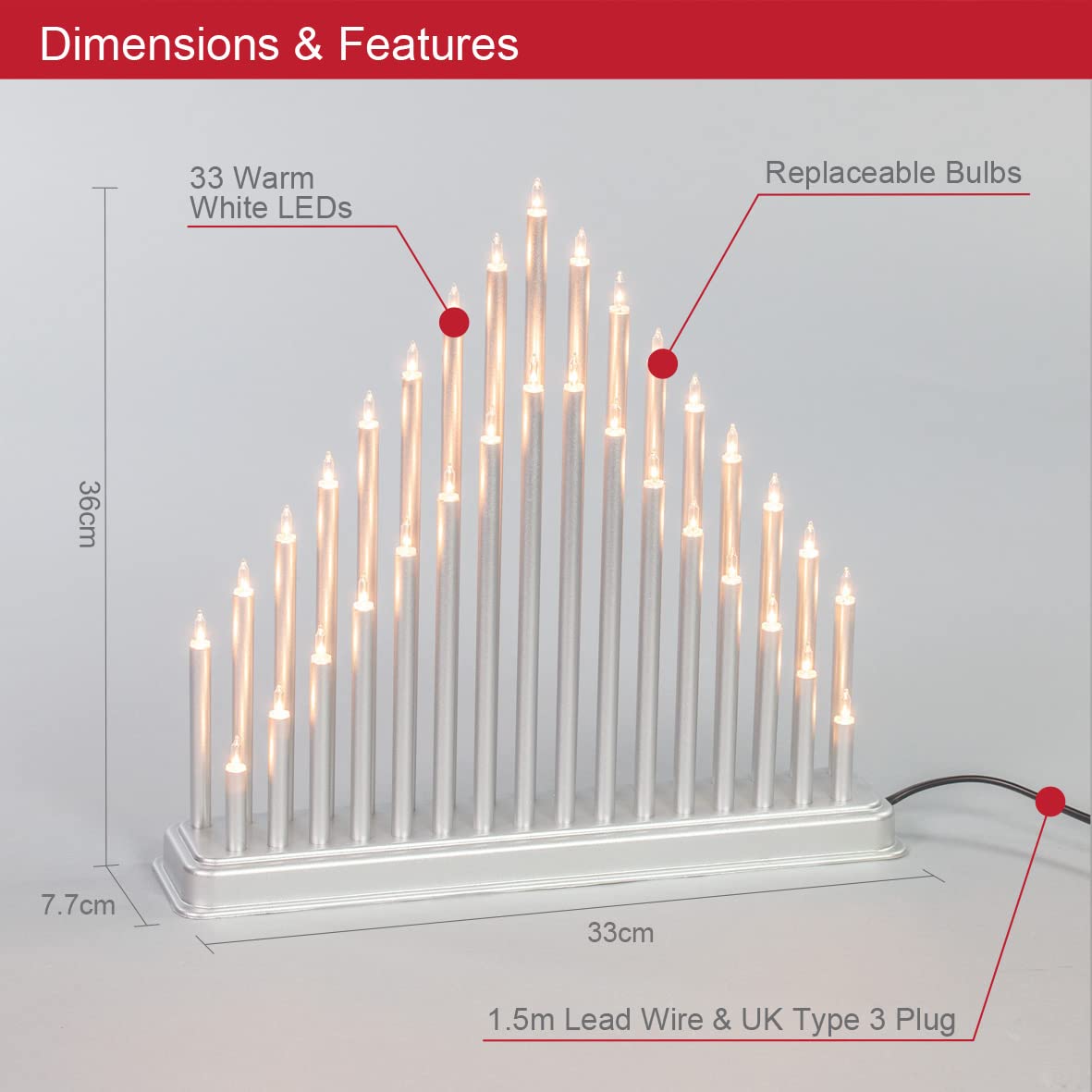 Silver Christmas candle bridge with 33 warm white lights